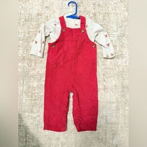 Carter's Red Corduroy Kids Overalls Teddy Matching Holiday Set size 12months